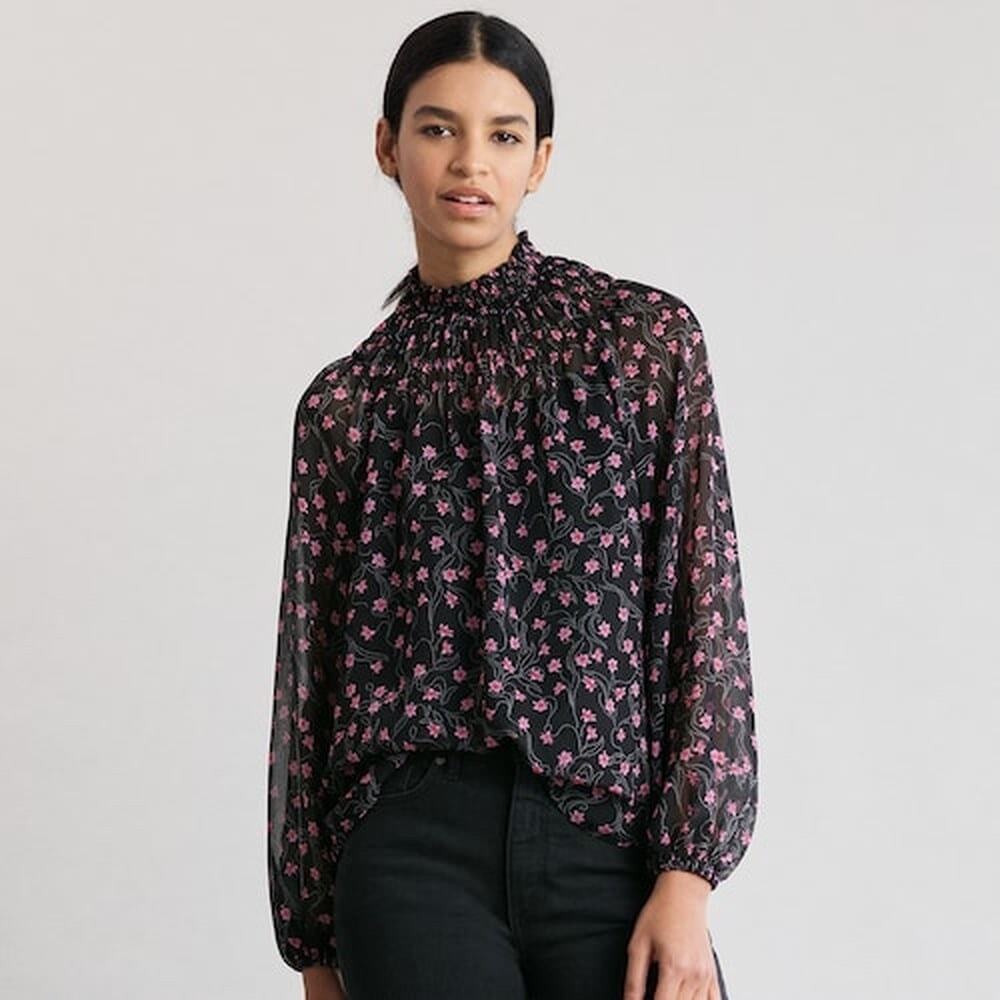 Elizabeth and James Smocked Mock Neck Long Sleeve Top Floral Tank Lined Pattern
